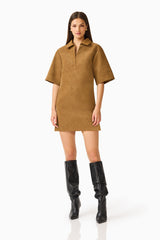 CURAAE Verdure Mini Shirt Dress in Caramel Brown with collared V neckline and oversized short sleeves posed shot