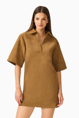 CURAAE Verdure Mini Shirt Dress in Caramel Brown with collared V neckline and oversized short sleeves close up shot