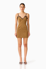 CURAAE Verdure Lace Trim Mini Dress in Caramel Brown with contrast lace trim V neckline front shot