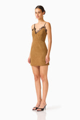 CURAAE Verdure Lace Trim Mini Dress in Caramel Brown with contrast lace trim V neckline side shot