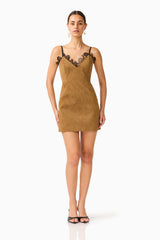 CURAAE Verdure Lace Trim Mini Dress in Caramel Brown with contrast lace trim V neckline posed shot