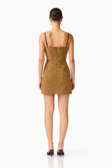CURAAE Verdure Lace Trim Mini Dress in Caramel Brown with centre back invisible zipper closure back shot