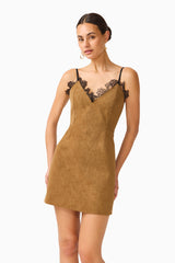 CURAAE Verdure Lace Trim Mini Dress in Caramel Brown with contrast lace trim V neckline close up shot