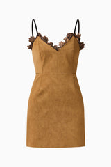 CURAAE Verdure Lace Trim Mini Dress in Caramel Brown with contrast lace trim V neckline ghost shot