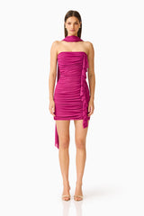 CURAAE Azura Scarf Mini Dress in Magenta Pink with square neckline & long scarf detail front shot