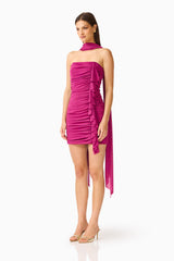 CURAAE Azura Scarf Mini Dress in Magenta Pink with square neckline & long scarf detail side shot