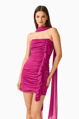 CURAAE Azura Scarf Mini Dress in Magenta Pink with square neckline & long scarf detail close up shot