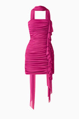 CURAAE Azura Scarf Mini Dress in Magenta Pink with square neckline & long scarf detail ghost shot