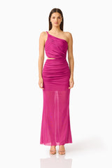 CURAAE Azura One Shoulder Maxi Dress in Magenta Pink with asymmetric neckline & waist cut-out detail front shot