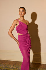 CURAAE Azura One Shoulder Maxi Dress in Magenta Pink with asymmetric neckline & waist cut-out detail campaign shot