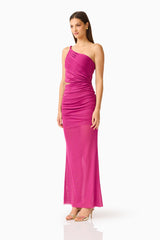 CURAAE Azura One Shoulder Maxi Dress in Magenta Pink with asymmetric neckline & waist cut-out detail side shot