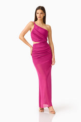 CURAAE Azura One Shoulder Maxi Dress in Magenta Pink with asymmetric neckline & waist cut-out detail posed shot