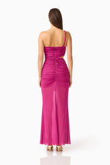CURAAE Azura One Shoulder Maxi Dress in Magenta Pink with centre back invisible zipper closure back shot