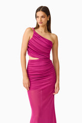 CURAAE Azura One Shoulder Maxi Dress in Magenta Pink with asymmetric neckline & waist cut-out detail close up shot