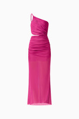 CURAAE Azura One Shoulder Maxi Dress in Magenta Pink with asymmetric neckline & waist cut-out detail ghost shot
