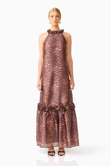 CURAAE Zamira Halter Maxi Dress in Brown Multi with ruffle trim detailing & halter neckline front shot
