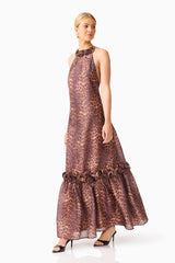 CURAAE Zamira Halter Maxi Dress in Brown Multi with ruffle trim detailing & halter neckline posed shot