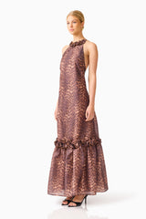 CURAAE Zamira Halter Maxi Dress in Brown Multi with ruffle trim detailing & halter neckline side shot