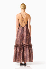 CURAAE Zamira Halter Maxi Dress in Brown Multi with adjustable criss-cross back straps back shot