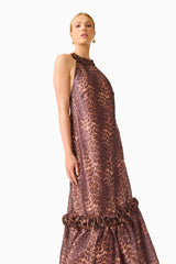 CURAAE Zamira Halter Maxi Dress in Brown Multi with ruffle trim detailing & halter neckline close up shot