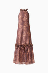 CURAAE Zamira Halter Maxi Dress in Brown Multi with ruffle trim detailing & halter neckline ghost shot