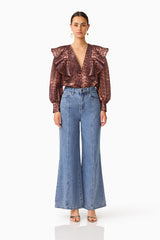 CURAAE Zamira Bell Sleeve Blouse in Brown Multi with ruffle design detailing & long balloon sleeves front shot