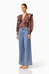 CURAAE Zamira Bell Sleeve Blouse in Brown Multi with ruffle design detailing & long balloon sleeves side shot