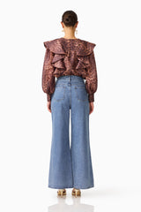 CURAAE Zamira Bell Sleeve Blouse in Brown Multi with back yoke detail back shot