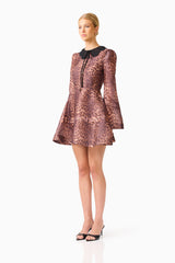 CURAAE Zamira Long Sleeve Mini Dress in Brown Multi with lace collar & long flare sleeves side shot