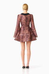 CURAAE Zamira Long Sleeve Mini Dress in Brown Multi with centre back invisible zipper closure back shot