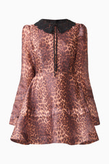 CURAAE Zamira Long Sleeve Mini Dress in Brown Multi with lace collar & long flare sleeves ghost shot