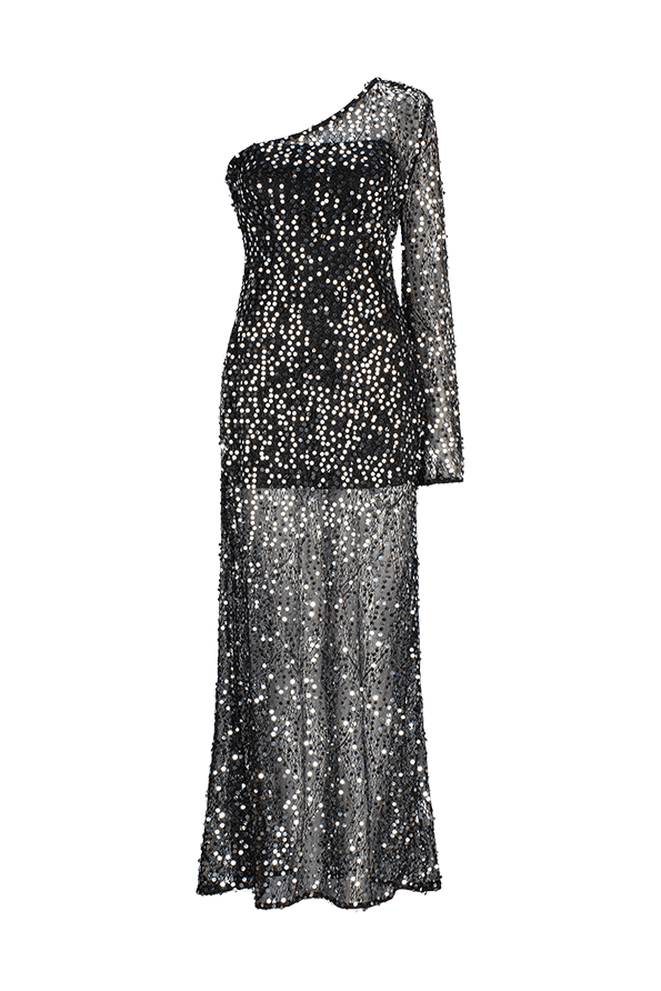 CURAAE Amelia Sequin Maxi Dress in Black ghost imagery