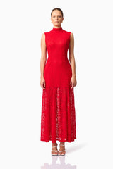 Blonde model wearing CURAAE Ariella Maxi Dress in Red front pose