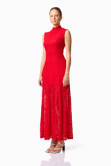 Blonde model wearing CURAAE Ariella Maxi Dress in Red side pose