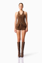 Blonde model wearing CURAAE Venus Suede Set in Brown front pose