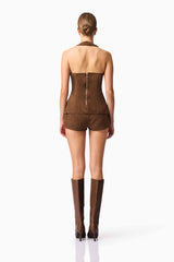 Blonde model wearing CURAAE Venus Suede Set in Brown back pose