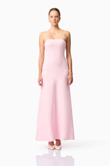 Blonde model wears CURAAE Zahara Strapless Maxi Dress in Pink front pose