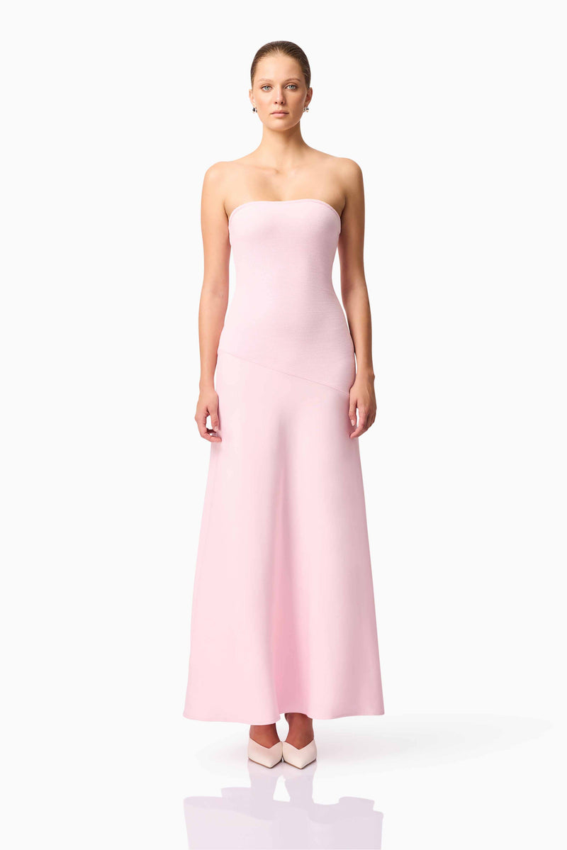 Blonde model wears CURAAE Zahara Strapless Maxi Dress in Pink front pose