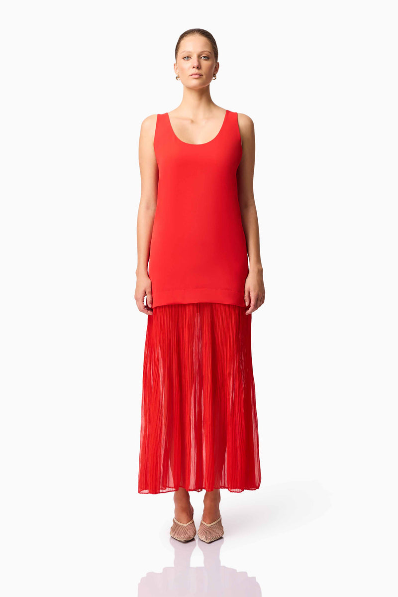 Blonde model wearing CURAAE Etoile Maxi Dress in Red front pose