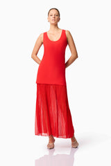 Blonde model wearing CURAAE Etoile Maxi Dress in Red posed