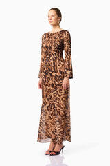 Blonde Model wearing CURAAE Zali Long Sleeve Maxi Dress in Leopard Print Side Pose