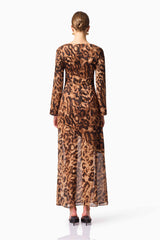 Blonde Model wearing CURAAE Zali Long Sleeve Maxi Dress in Leopard Print Back Pose