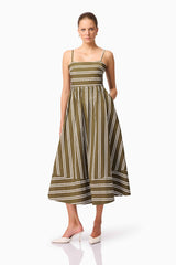 Brunette model wearing Giverny Midi Dress in Green posed shot