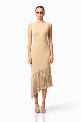 Brunette model wearing Selah Asymmetrical Midi Dress in Beige Front Shot