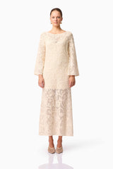 Brunette model wearing Valentine Long Sleeve Maxi Dress in Beige Front Shot