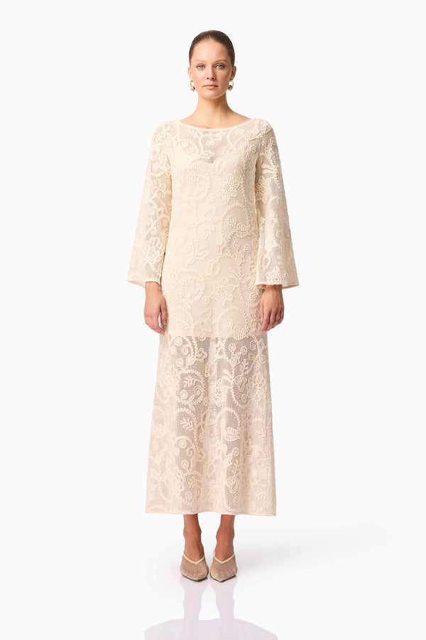 Brunette model wearing Valentine Long Sleeve Maxi Dress in Beige Front Shot