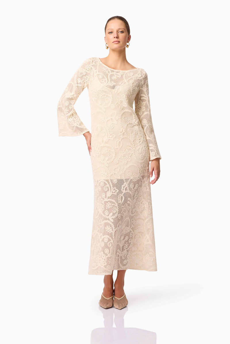 Brunette model wearing Valentine Long Sleeve Maxi Dress in Beige Posed Shot