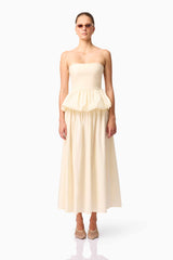 Brunette model wearing Delia Top & Skirt Set in White front shot