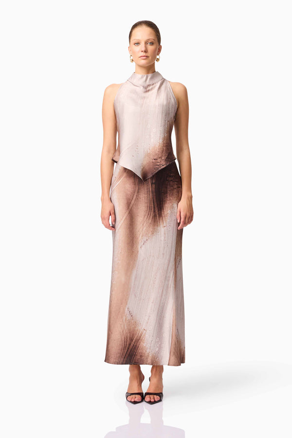 Brunette model wearing  Orielle Top & Skirt Set in Brown Front Shot