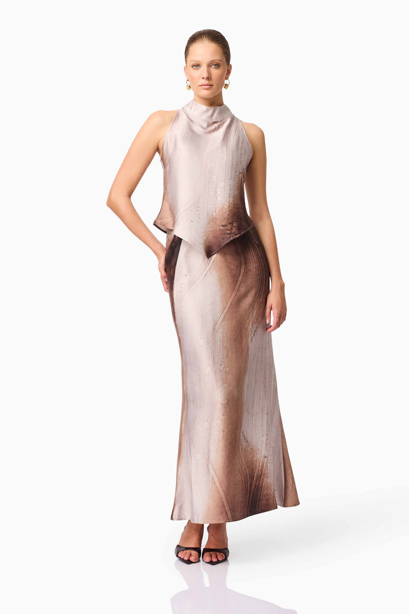 Brunette model wearing  Orielle Top & Skirt Set in Brown Posed Shot